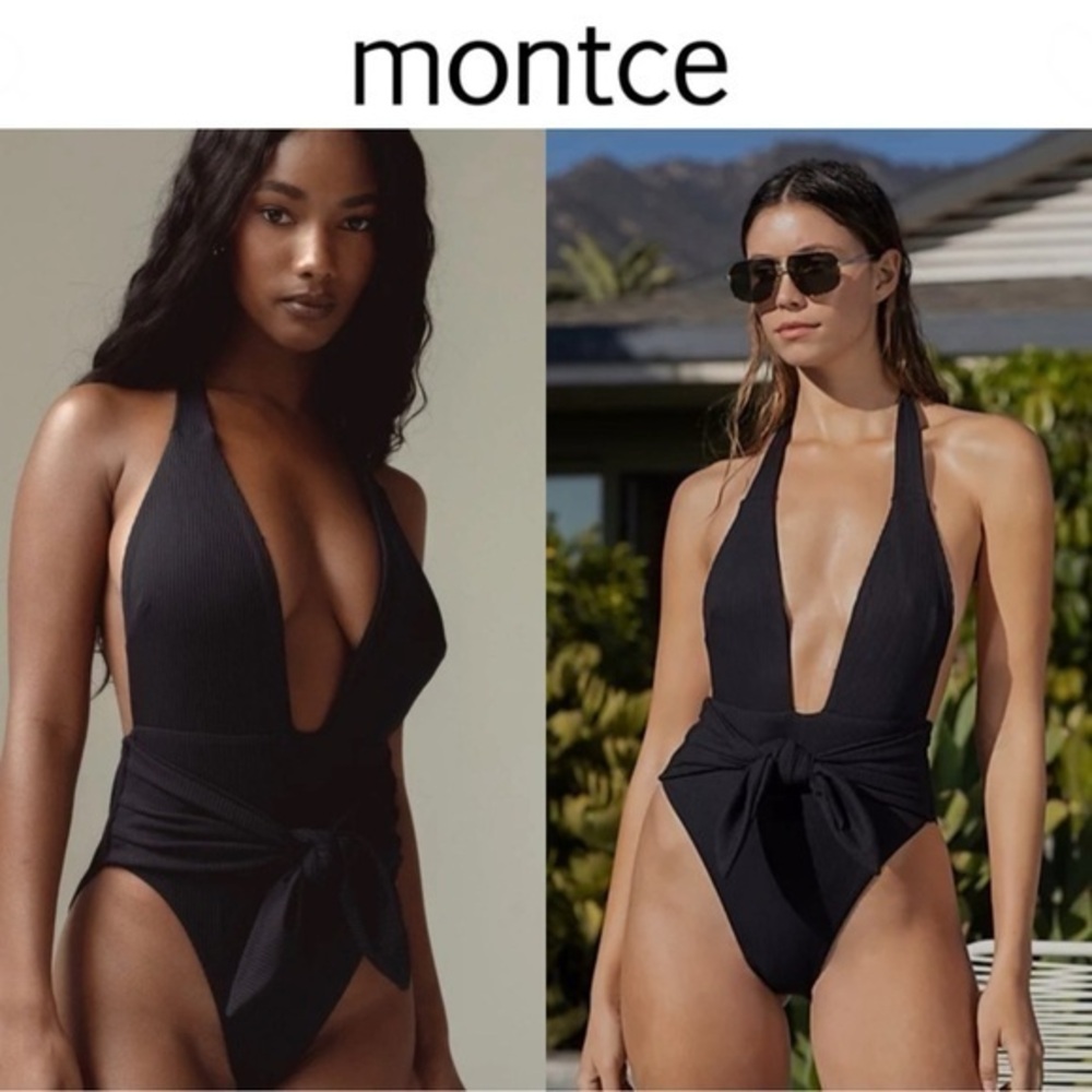 MONTCE Tie Waist Halter Rib Tropez Tie-Up One-Piece, Black,Large, $218 NWT